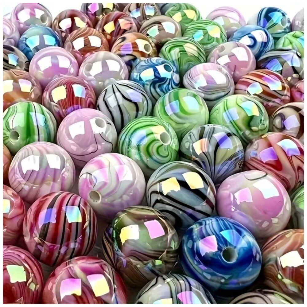 200 Multi-Colored Acrylic Beads Wood Grain Surface High Gloss Multi-Color 8mm